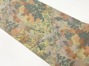 萬葉製　木々に岩山・風景模様織出し全通袋帯